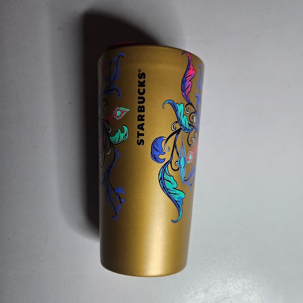 Starbucks Gold Ceramic Travel Tumbler 12oz Deer Peacock Feather Pink Lid New